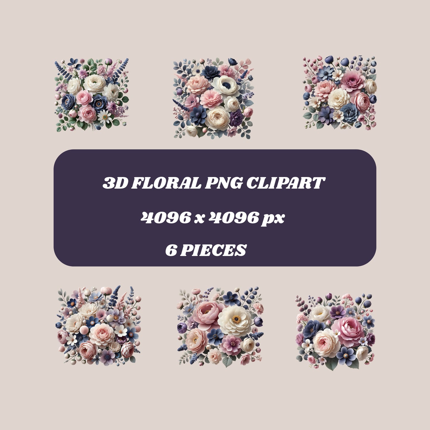 3D Floral PNG Clipart – Digital Download (6 Pieces)